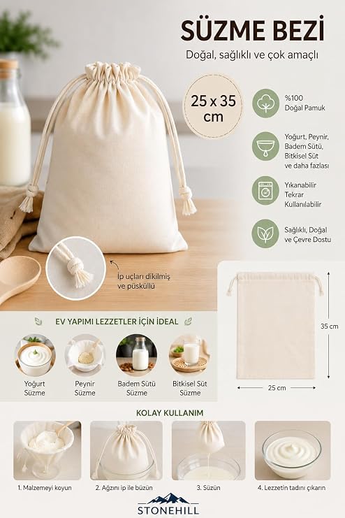 Stonehill Büzgülü Süzme Bezi 25 x 35 cm -%100 Doğal Pamuk, 3-4 kg Kapasiteli Yoğurt, Labne ve Lor Peyniri Yapımı İçin Süzme Torbası, Badem, Soya ve Yulaf Sütü Süzme Bezi, Yıkanabilir