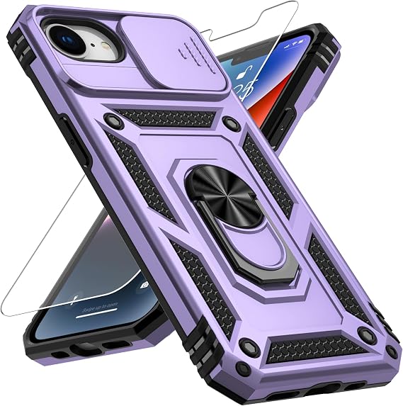 iPhone 16e用ケース カメラレンズカバー付き、HDスクリーンプロテクター、10フィートの軍用グレードの落下保護、磁気リングホルダーキックスタンド保護電話ケース、ラベンダー