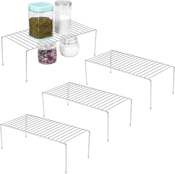 ROFAY Kitchen Cupboard Shelf Wire Rack Organizer - Set of 4, Chrome Plated Metal Storage Shelves, Countertop Divider for Pantry, Cabinets, and Utensils