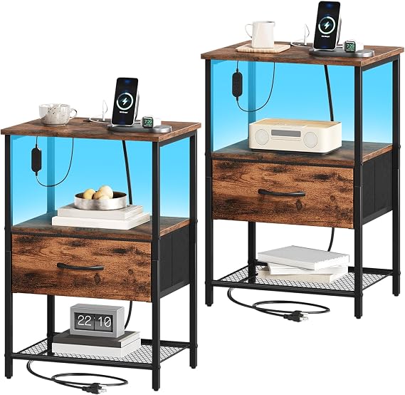 Somdot Bedside Table, Charging Station & LED, 1 Drawer, Brown, Set of 2
