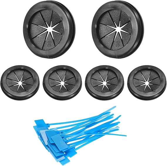 sourcing map 6Pcs 1-1/4"(32mm) ID, 1-1/2" (38mm) Drill Hole, Double Sided Grommets Round Firewall Hole Plug with Marker Cable Ties for Home Office Cable Wire Protection, Black