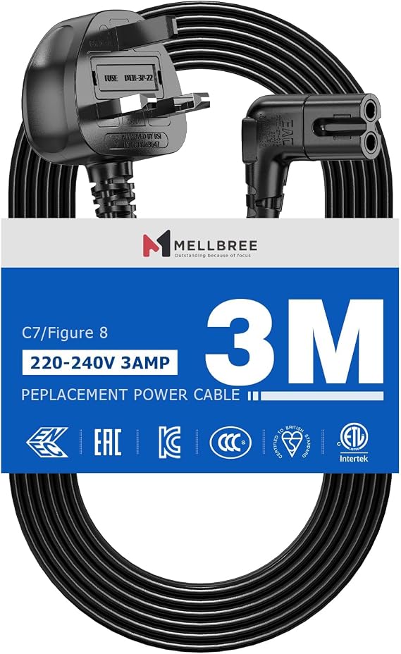 Power Cable Compatible with Samsumg TV 3M, Mellbree Quality Safe Right Angle Suitable for Awkward Space Figure 8 Power Cable Compatible with Samsung, LG, Panasonic TV Black