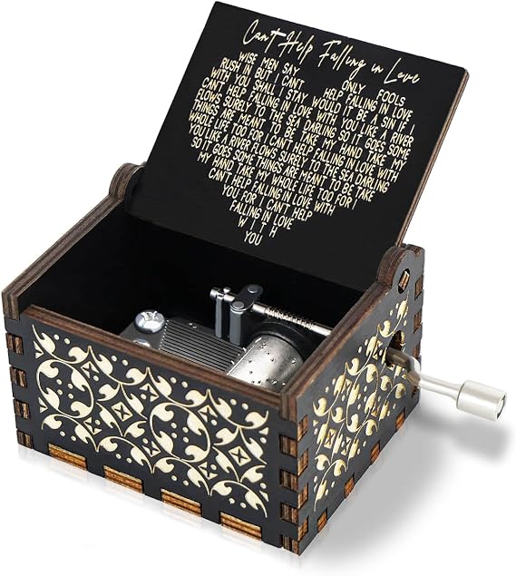Can't Help Falling in Love Music Box, Hand Crank Vintage Wood Engraved Musical Boxes Case, Anniversary Valentines Birthday for Lover, Boyfriend, Girlfriend, Wife, Husband (Black)