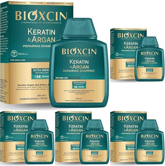 Bioxcin Keratin & Argan Onarıcı Şampuan 300 ml – Yıpranmış Saçlar İçin Nemlendirici ve Onarıcı Bakım (5 paketi)