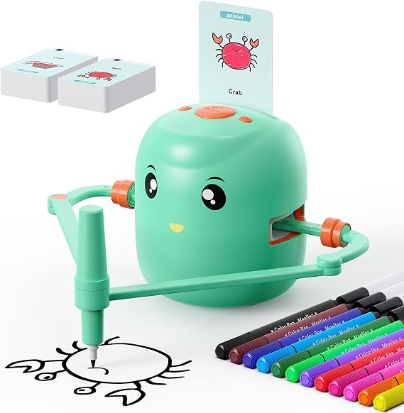 Drawing Robot for Kids,Montessori Educational Painting Toy for 5+ with Voice Interaction&16 Color Pens,Magic Drawing Robot with 100 Learning Word Cards,Ideal Gift for 5+ Year Old Boys Girls (Green)