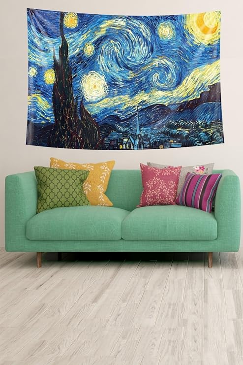 Ontheclouds Yıldızlı Geceler Van Gogh Desenli Leke Tutmaz Kadife Dokulu Kumaş Duvar Örtüsü Duvar Halısı Tapestry, 100 x 140