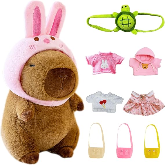 23 cm Capybara Cuddly Toy, Cute Capybara Plush Toy with Clothes and Accessories, Water Pig Cuddly Toy Gift for Children