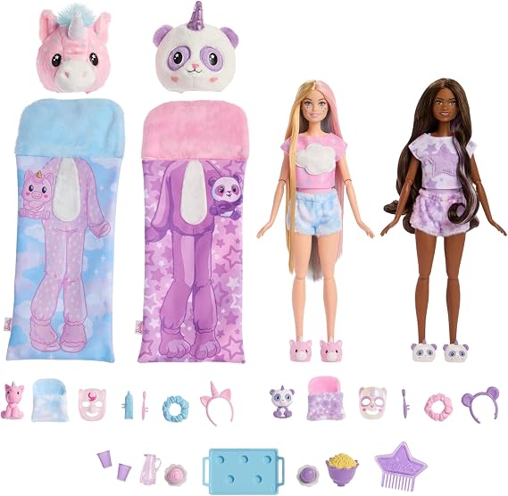 Barbie Cutie Reveal Slumber Party gift set, 2 Dolls with surprises and accesories, gift for ages +3 year old, HRY15