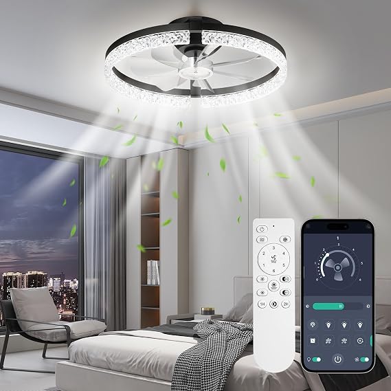 StarryEver Ceiling Fans with Lights and Remote, 46 cm Modern Smart Ceiling Fan, 6 Speeds and 3000K-6500K Dimmable LED Fan Light, Low Profile Ceiling Fan for Bedroom, Living Room, Dining Room, Black [Energy Class F]