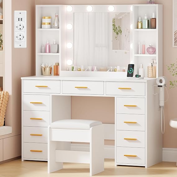 ANWBROAD 105cm Large Makeup Vanity with LED Light and Mirror Stool