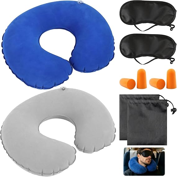 Inflatable Travel Pillow, Compact Inflatable Neck Pillow for Travel, Lightweight Neck Pillows for Travels with Eye Mask Earplugs and Organiser Pouch with Airplane Trains Car and Office (Blue, Gray)