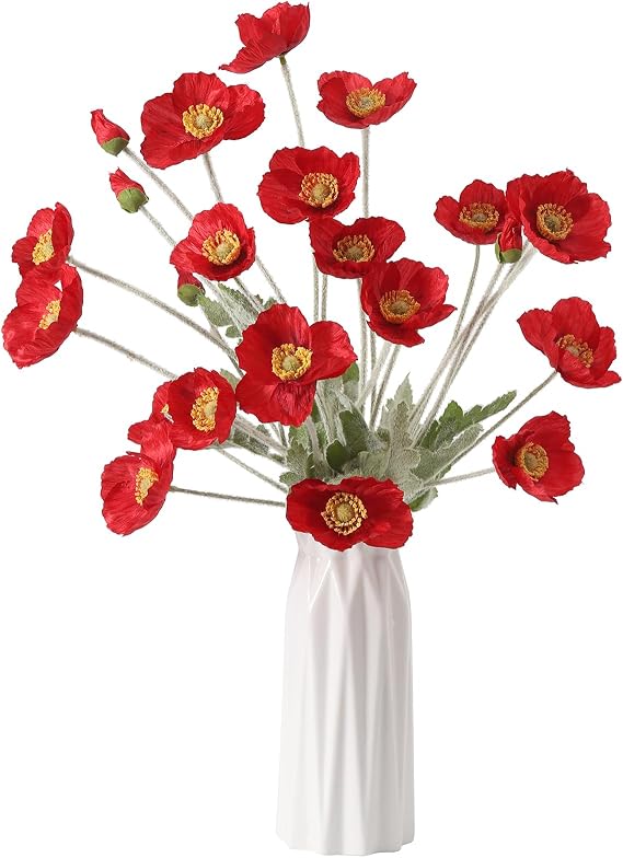 DuHouse Artificial Poppies Flowers 6 Pcs(Red)