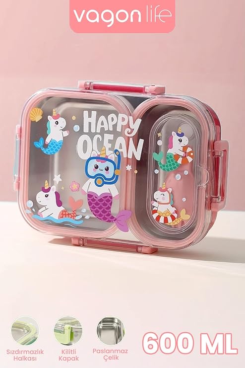 600 ML Sızdırmaz İki Bölme Paslanmaz Çelik Lunch Box Yeni Nesil Sefer Tası Çatallı Kaşık ff7163