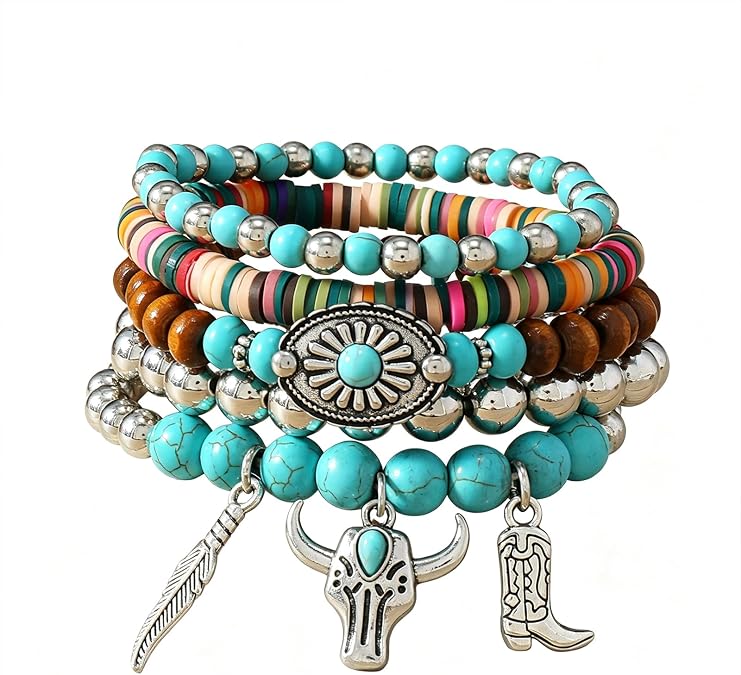 Elmsley 5 Pcs Beaded Bracelets, Cowgirl Stackable Western Stretch Wristbands, Blue Turquoise Wood & Alloy with Cowboy Boot Charm, Boho Summer Jewelry for Men Women, Country Concert Gift Set