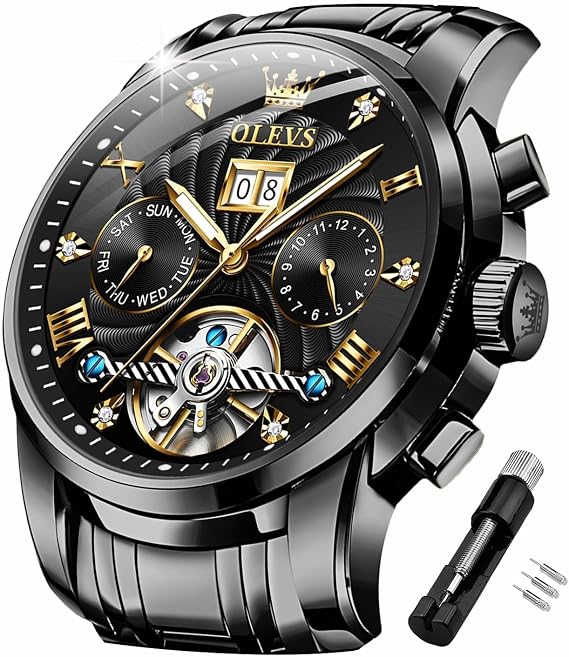 OLEVS Men's Automatic Watch Self-Winding Skeleton Tourbillon Luxury Diamond Business Dress Date Wrist Watch Men Waterproof Luminous
