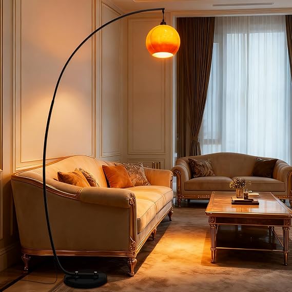 Mid Century 180CM Arc Floor Lamp Orange Floor Lamp Globe Glass Standing Light with E27 Dimmable Marble Base Tall Light for Living Room Bedroom Study Dining Room(Includes Bulb) [Energy Class A+++]