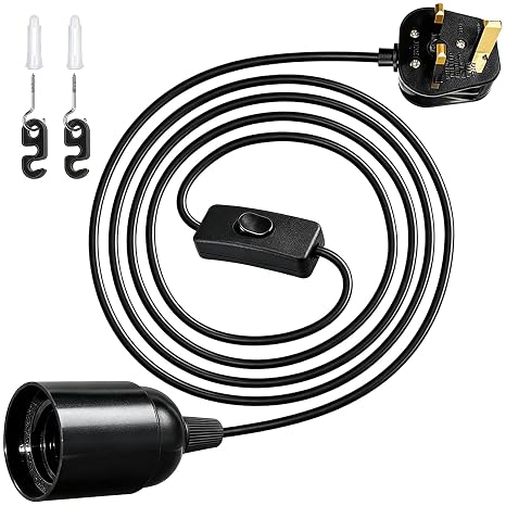 E27 Plug in Pendant Light, Ceramic lampshade, 1.8m(5.9ft) Extension Cord with On/Off Switch, UK 3-Pin Plug, DIY Pendant Light Fitting for Hanging Lamps, Includes Hooks & Screws (Black)