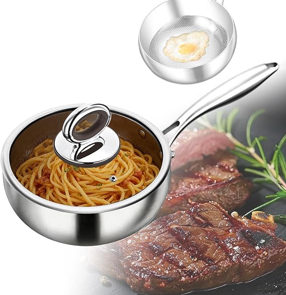 Titanium Frying Pans Nonstick Titanium Hammered Pan with Lid Thickened Multi-Layer Stock Pot Scratch-Resistant Titanium Frying Pans for Cooking EnthusiastsSilver,11.8 in