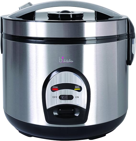 BKitchen Cook 200 Rice Cooker - 4 Litre and 4 Cups Dry Rice Capacity - 700W Electric - Keeps Warm for Serving - Simple Controls - Stainless Steel - Food Steaming