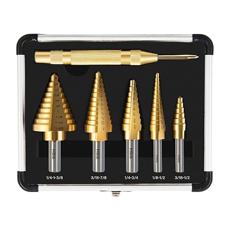 Step Drill Bit Set, 6 Pcs High-Speed Steel Step Drill Bit with Automatic Center Punch for Metal, Wood, Plastic, 50 Sizes HSS Step Bit with Aluminum Case for DIY Lovers, 1/8" to 1-3/8"