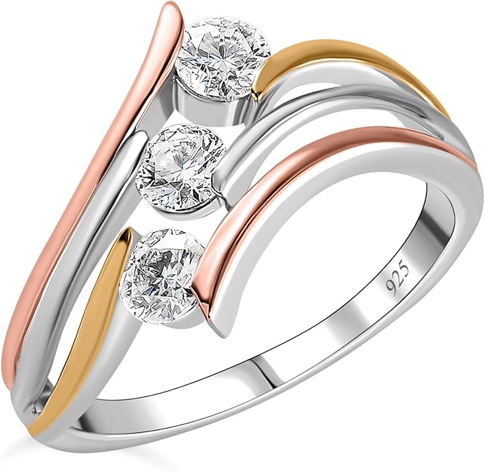 TJC Moissanite Three Stone Ring for Women in Platinum and Gold plated 925 Sterling Silver Anniversary Rings for Ladies with Gift Box Proposal Ring for Wife Fiance mum
