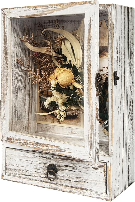 8"X12" Shadow Box Frame With Drawer, 3.5" Deep Wooden Display Case for Photos, Flowers, and Keepsakes - Memory Box