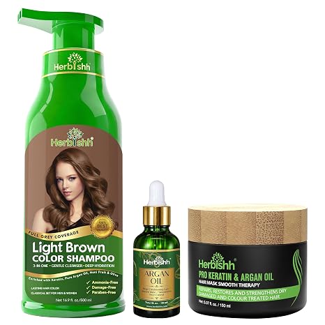 Herbishh After Colour Shampoo Combo Contains Hair Colour Shampoo Hair Colour 500 ml Argan Oil 30 ml Pro Keratin and Argan Hair Mask 100 g for Hair Straightening Shine and Protection (Light Brown)