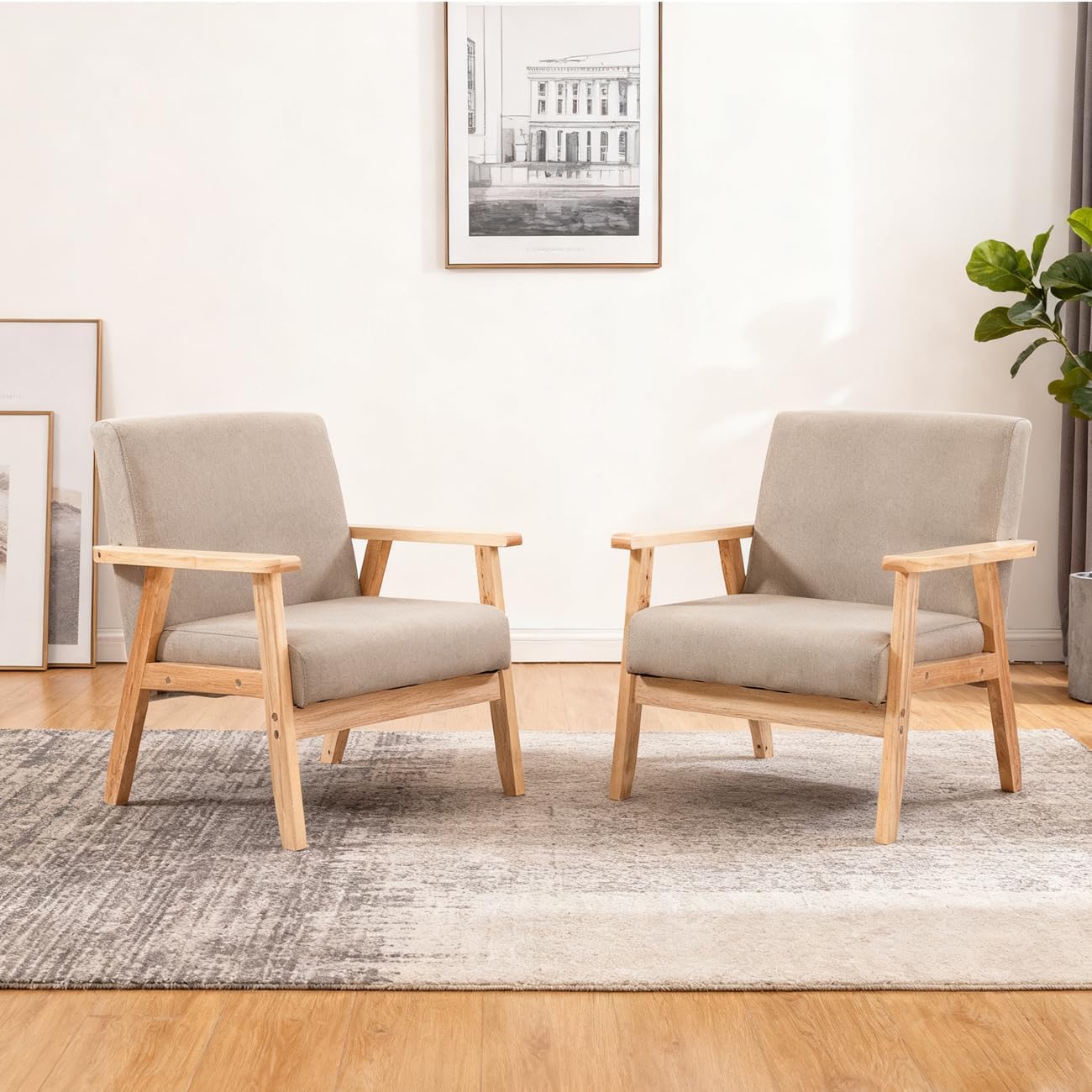 Accent Living Room Armchair, Midcentury Leisure Chair with Thick Pad, Lounge Single Sofa Reading Arm Chairs for Bedroom Home Office, Upholstered Comfy Tub Chair with Wood Frame Beige Set of 2