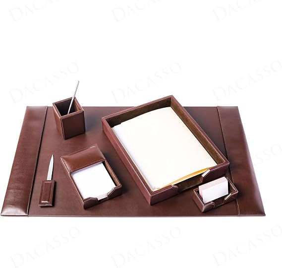 Dacasso Dark Brown Bonded Leather Luxury 6 Piece Desk Set - Blotter Pad &amp; Desk Organization Essentials - Executive Decor and Surface Protector