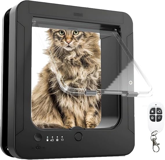 Microchip Cat Flap - Automatic RFID Pet Door for Cats and Small Dogs, Includes 2 Sensor Collars and Remote Control, Easy 4-Way Locking, Opening Size 7.87" x 7.5"