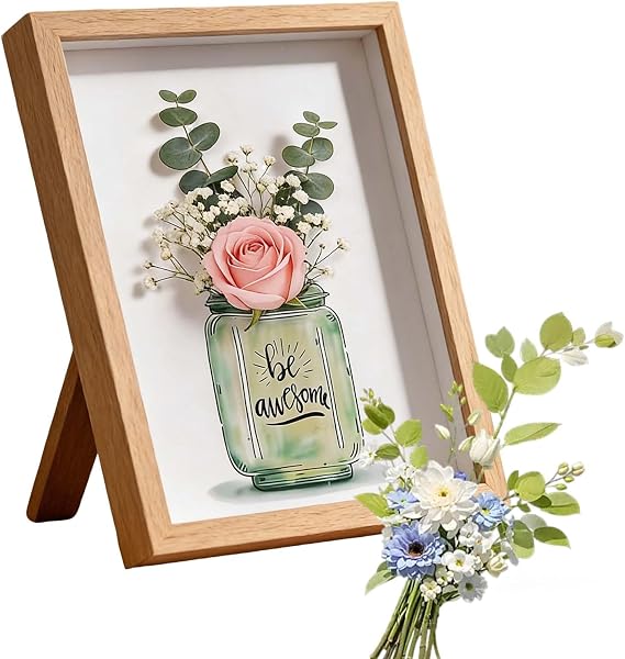 Shadow Box Frame Hollow 3 cm 8 Inches, Natural Wood Colour Box Frames for Crafts 3D Deep for Crafts Photos Artworks Bouquet