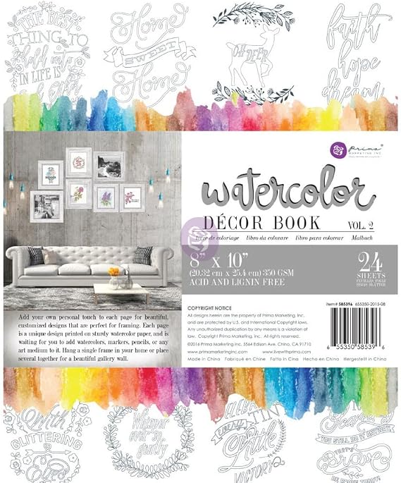 Prima Marketing Colouring Book Vol. 2 Watercolour Decor, 24 Sheets, Acrylic, Multicoloured, 10.6 x 7.9 x 0.48 cm