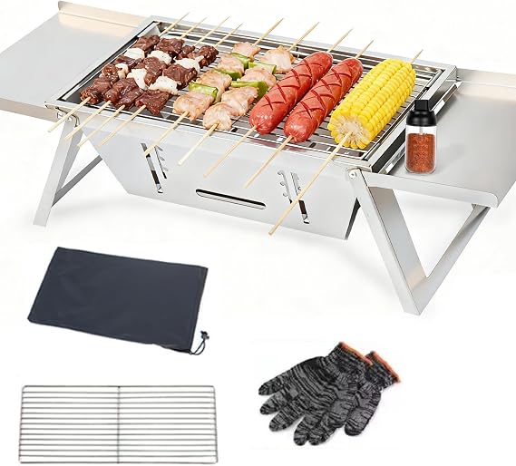 Portable Foldable BBQ Grill, 201 Stainless Steel Outdoor Camping Charcoal Barbecue Grill, Small Foldable Tabletop Smoker for Garden Beach Lawn Picnic Travel