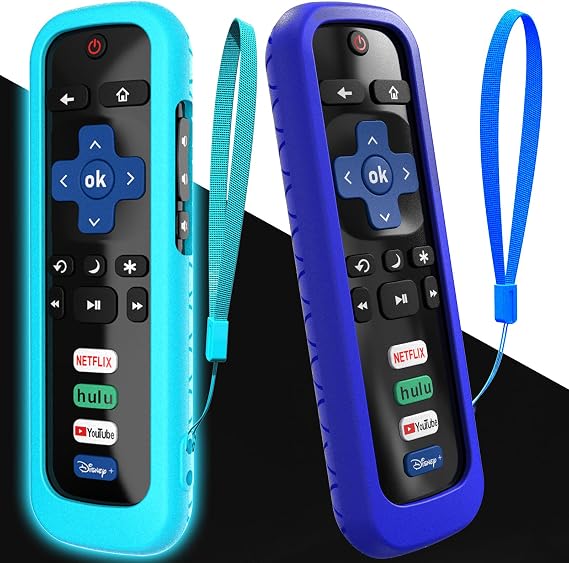 Roku Stickリモコン用カバー、Hisense TVコントローラー対応ケース、TCLスマートTVコントロールホルダー用シリコンスリーブ、ダークブルーで光る2個パック。