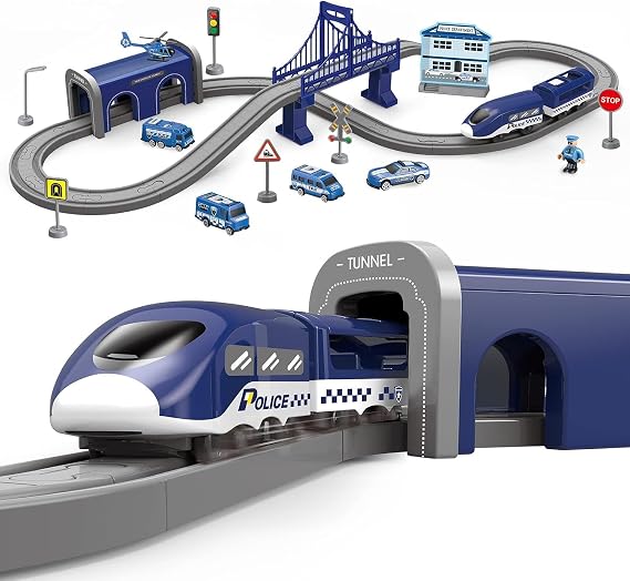 XIAPIA Electric Train Set, 66-Piece Motorized Track Toy with Truck Cars