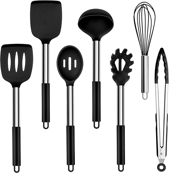Homikit Kitchen Utensils 7 Pieces Silicone Kitchen Utensils Cooking Utensils Set With stainless steel handle black heat-resistant cooking utensils for cooking non-toxic easy to clean and dishwasher safe