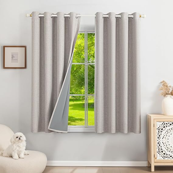 100% Blackout Curtains Linen, 46" x 54", Greyish Beige, 2 Panels