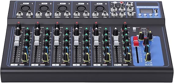 Audio Mixer Channel, Professional 7 Channel DJ Audio Mixer, Bluetooth Portable Audio Mixer with 48V Phantom Power, LCD Display, USB Audio Interface und 6 Music Modes, for Studio Stage Party Home Recor