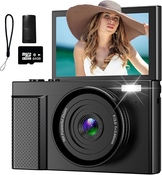 4K Digital Camera for Photos, 64MP Vlog Camcorder for YouTube, 3" 180° Flip Screen, 64GB Micro SD Card, 16x Digital Zoom Point Shooting Compact Travel Vintage Camera Black