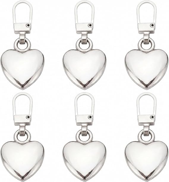 Zipper Pulls Replacement Set of 6 Silver Heart Zipper Replacement Repair Parts Metal DIY Crafts Easy Install Bag Purse Clothes Zipper Repair