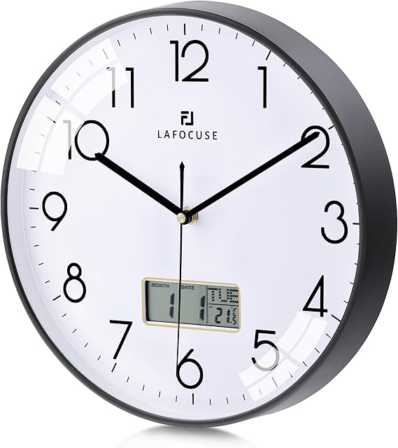 Lafocuse 12 Inch Black Wall Clock Silent with Date Day Temperature Display
