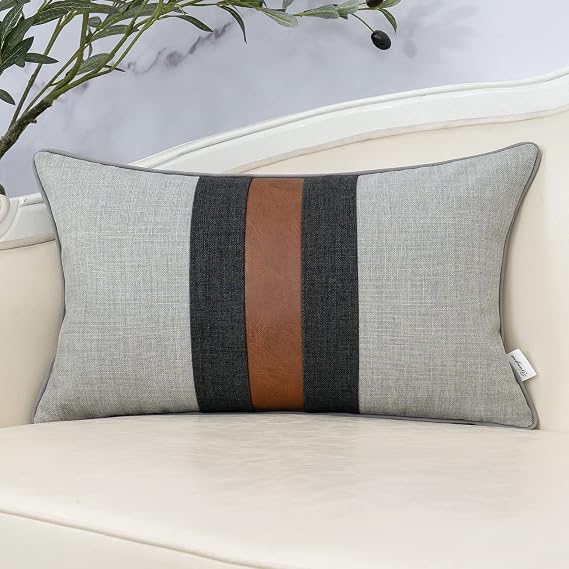 Yangest Grey Patchwork Linen Lumbar Throw Pillow Cover Farmhouse Burlap Cushion Case Faux Leather Oblong Pillowcase for Sofa Couch Bedroom Living Room Home Decor, 12x20 Inch