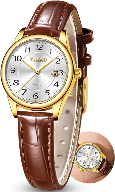 Taxau Women's Watch Leather Strap Analogue Quartz – Elegant Wrist Watch Ladies with Date Display Small 28 mm Women's Watch 3 Bar Waterproof Classic Design Gifts for Women