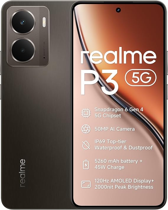 realme P3 5G Mobile phone 8+256GB Smartphone, 120Hz Amoled Display IP69, 2000nit peak Brightness, 5260mAh 45W SUPEROOC Charge, Snapdragon 6 Gen 4, Grey