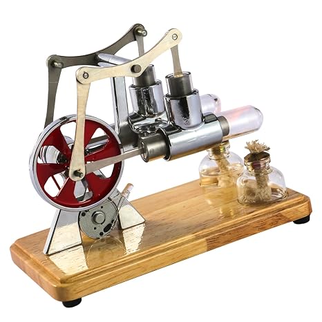 Stirling Engine, Low Temperature Stirling Engine Model, Cylinder Balance Stirling Engine Kit with Oak Baseplate and Drip Craftsmanship for Educational Displays and Children Entertainment (Silver)