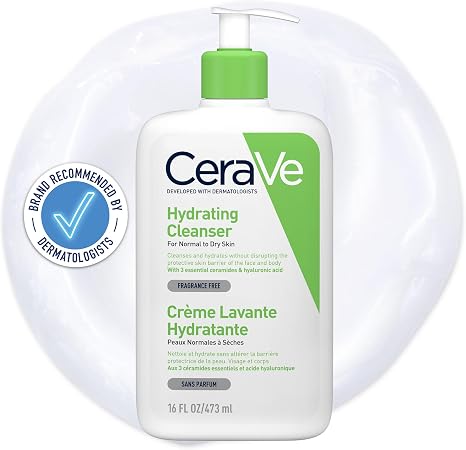CeraVe Hydrating Cleanser, for normal to dry skin, contains Hyaluronic Acid and 3 essential ceramides, facial cleanser for sensitive skin, Cerave skin care face wash