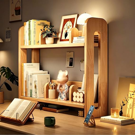 Adjustable Desktop Bookshelf, Solid Wood Countertop Organizer Shelf