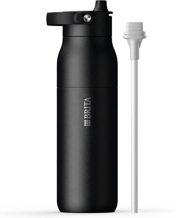 BRITA LARQ Essential Drinking Bottle with Straw Black (1000ml) Stainless Steel Water Bottle, Double-Walled Insulation (24h Cold), with Detachable Soft-Touch Handle, Dishwasher Safe