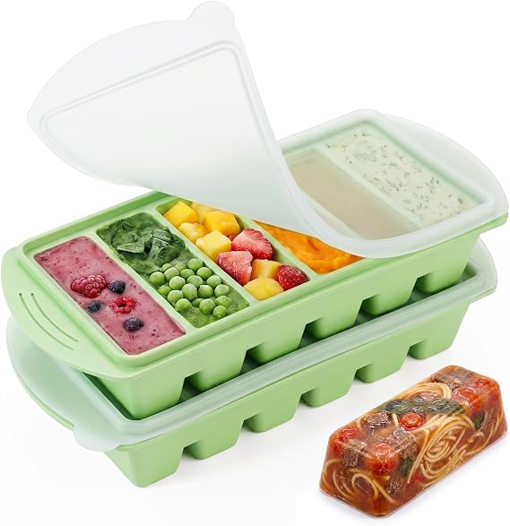 2 Pack Souper Cubes Silicone Freezer Tray, 1/2 Cup/125 mL Silicone Freezer Moulds with Lid, Soup Freezer Containers, Portion Freeze Trays for Storing 125mL/62.5mL Broth Leftovers Sauce, Avocado Green