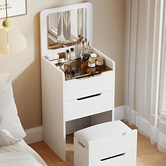 3 in 1 Dressing Table Dressing Table with Flip-top Mirror and LED Lights Dressing table with hidden ottoman Bedside storage cabinet Integrated Makeup Table for Small Spaces white Withoutlight23.6in